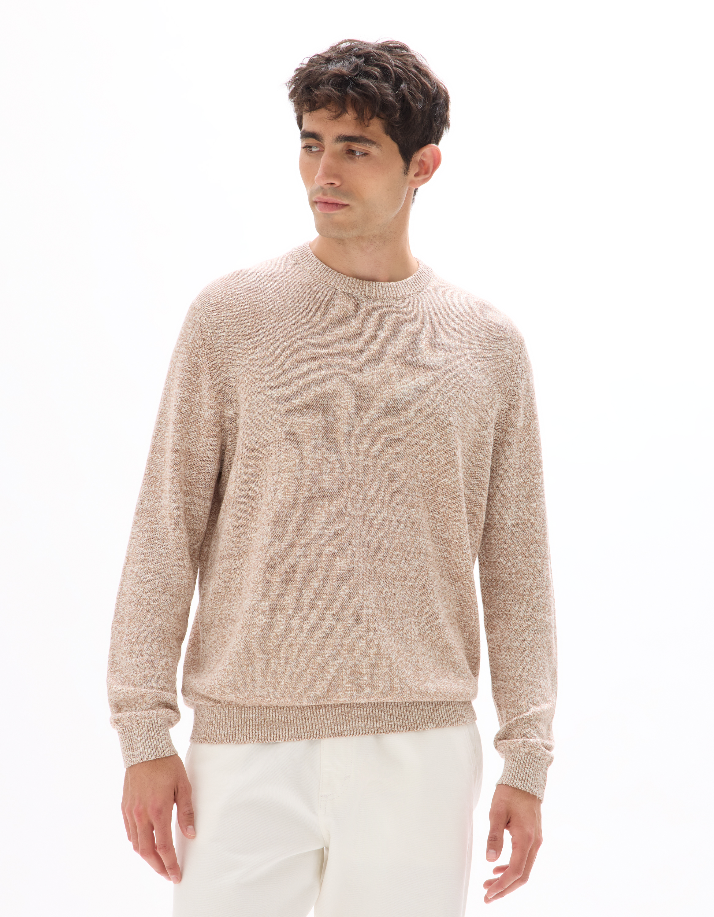 Pull col rond en lin mélangé bicolor - beige - camaieu - Modalova