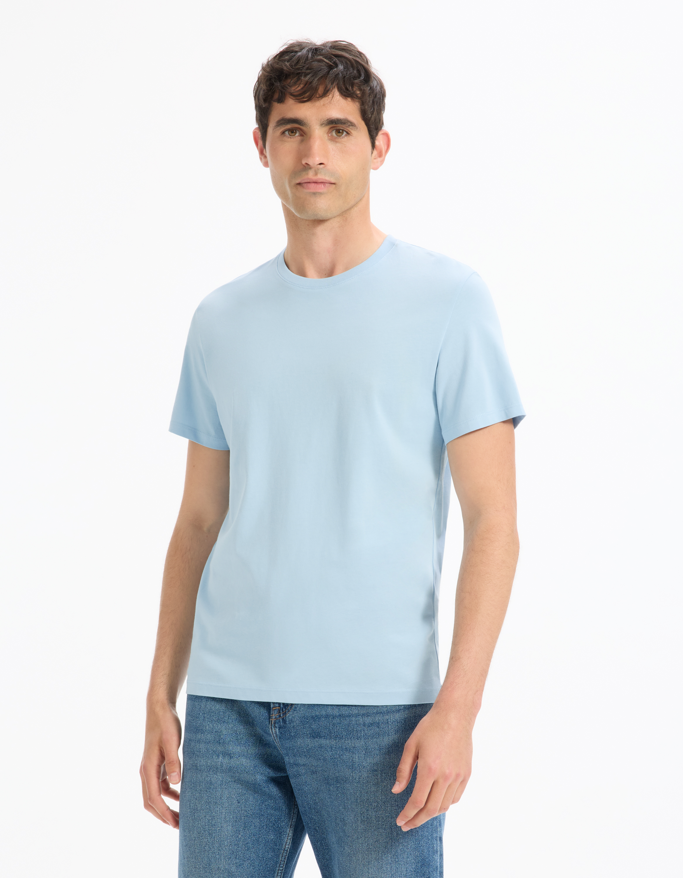T-shirt straight col rond 100% coton - bleu clair - camaieu - Modalova