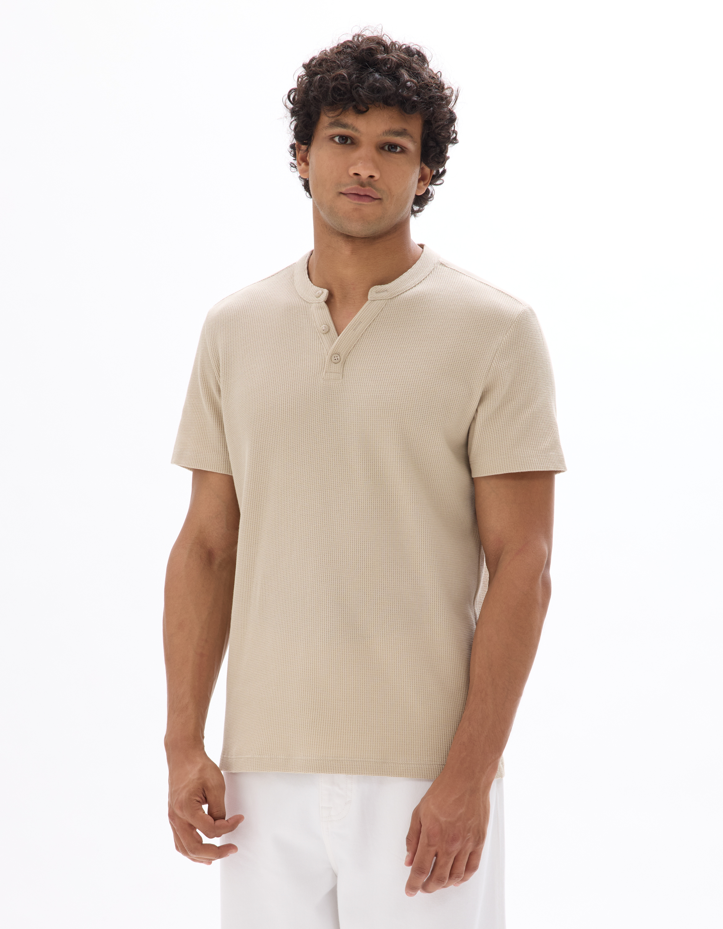 T-shirt regular col Henley gaufré 100% coton - sand - camaieu - Modalova