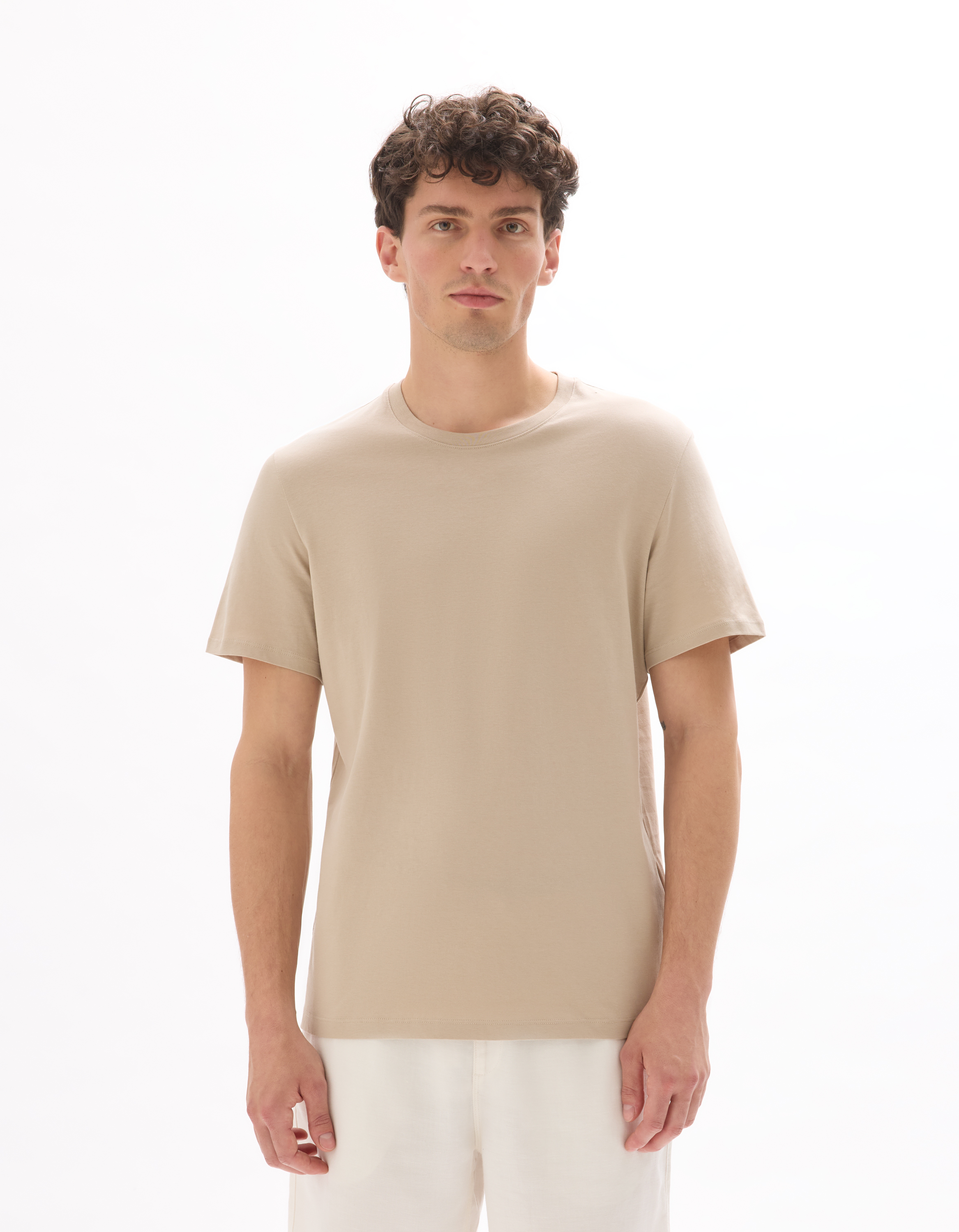 T-shirt regular col rond 100% coton - beige - camaieu - Modalova
