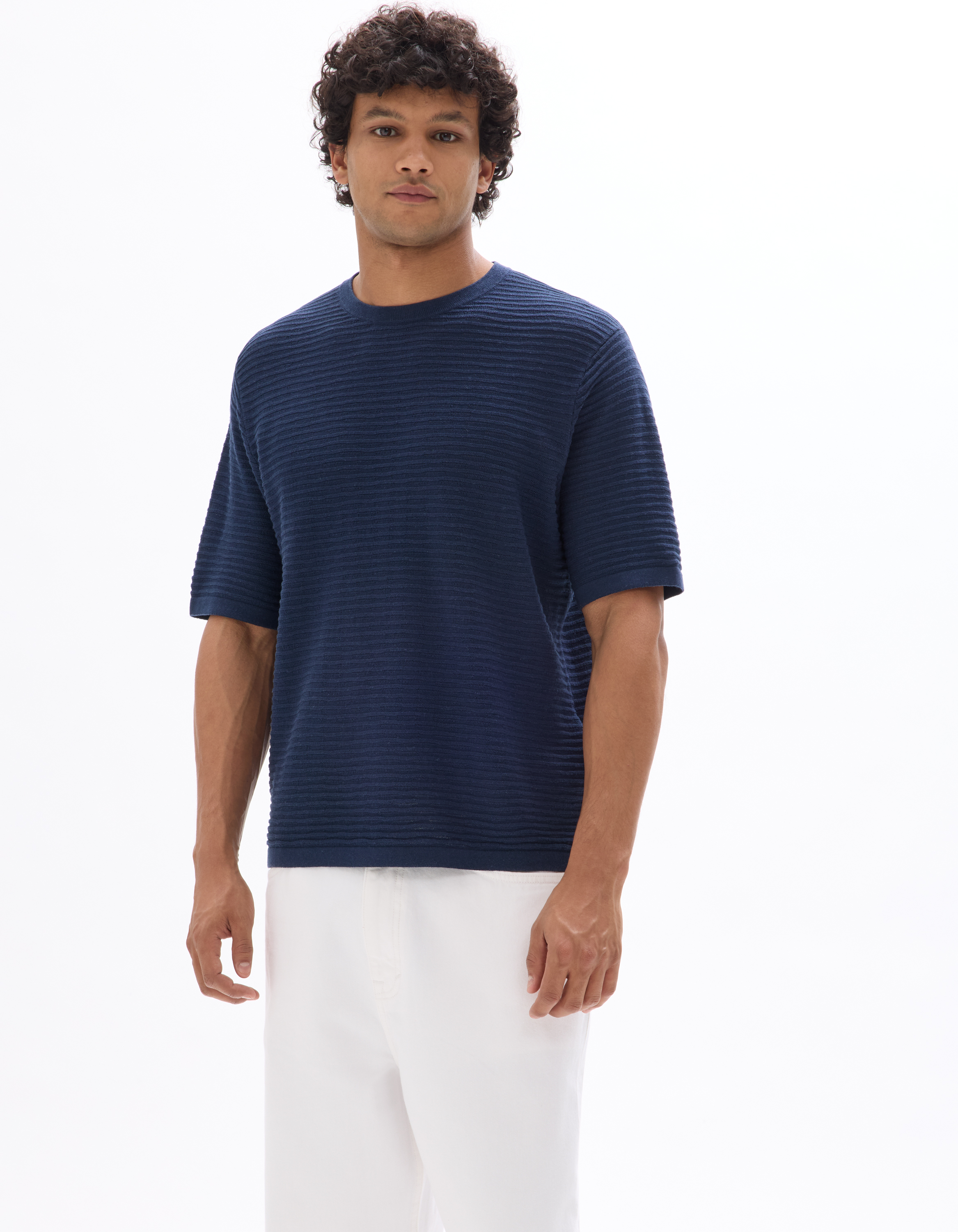 T-shirt boxy col rond en maille ajourée - marine - camaieu - Modalova