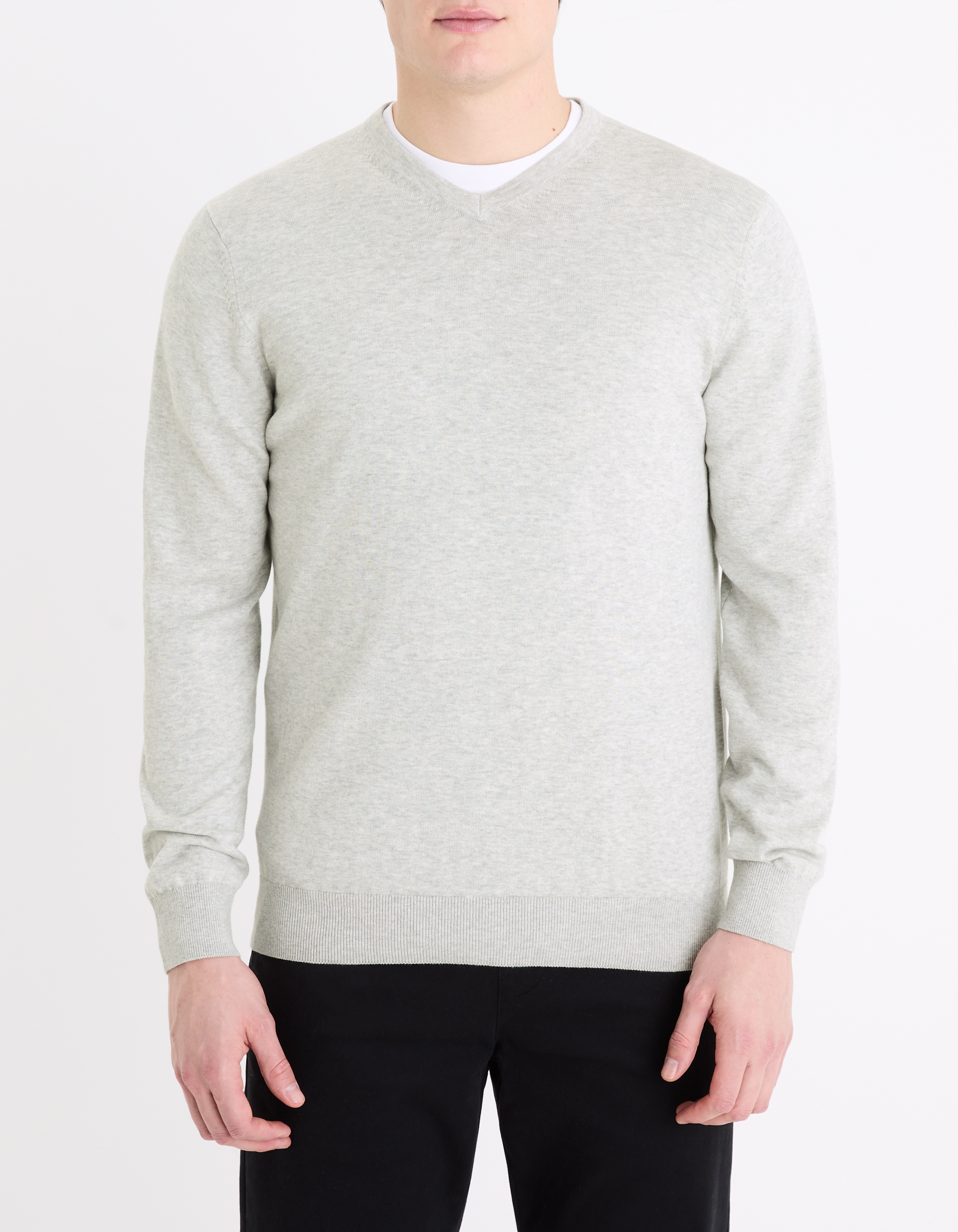 Pull à col v en coton - gris chiné - camaieu - Modalova