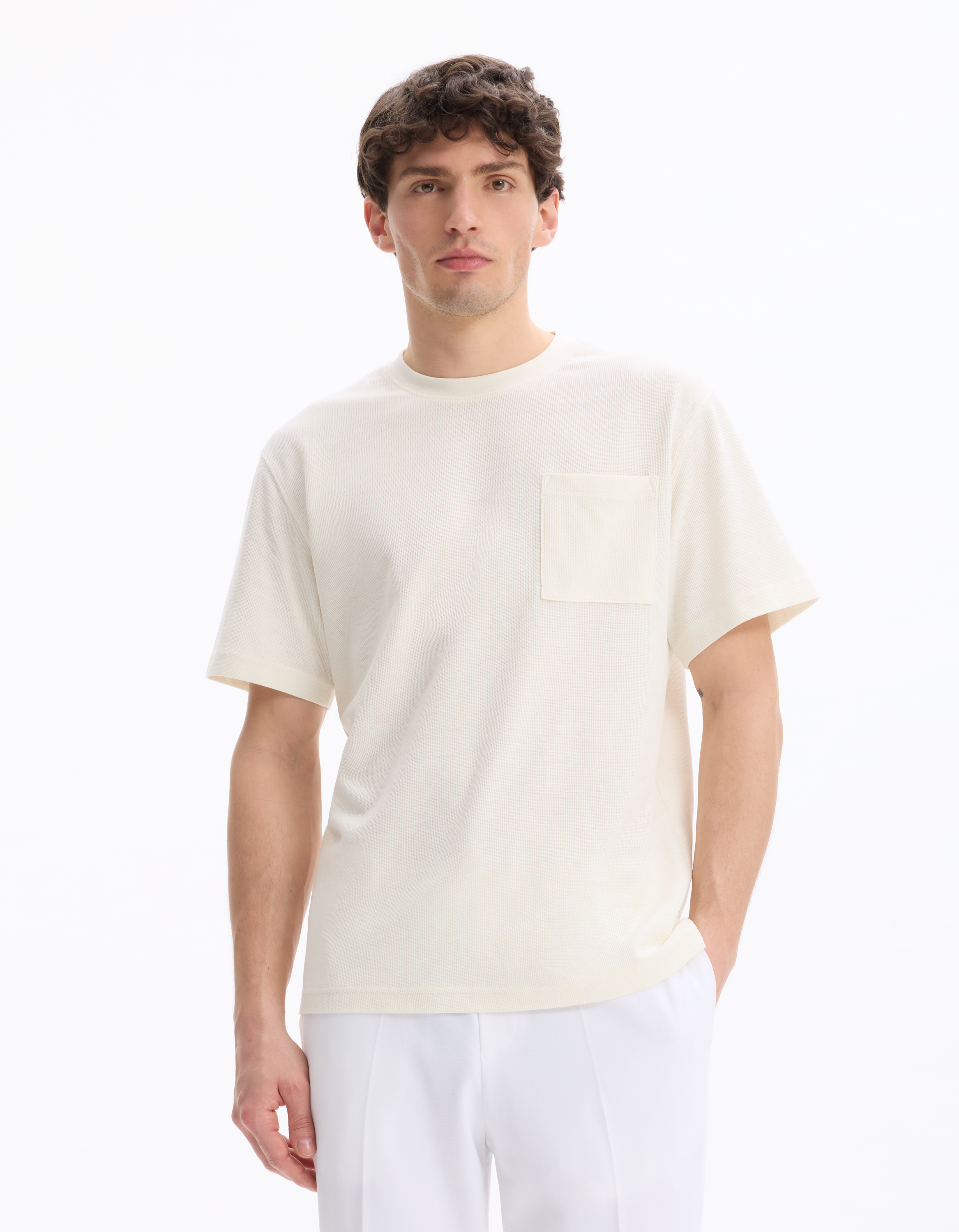 T-shirt boxy col rond - beige - camaieu - Modalova